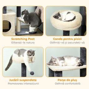 PawHut Arbore zgârietor pentru pisici, înalt de 92 cm, cu căsuță, culcuș, stâlpi din sisal și bila, crem alb | Aosom Romania