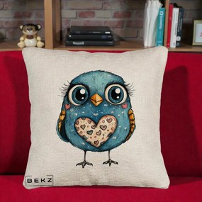 Perna Decorativa Bufnita Albastra cu Inimioare, 40x40 cm, Bej Canapea, Husa Detasabila, Perna Inclusa, BEKZ®