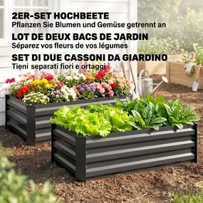 Outsunny Set de 2 Paturi Galvanizate Inaltate pentru Gradina, Cutie de Plantare Inaltata pentru Exterior, Usor de Asamblat, pentru Cultivarea Florilor