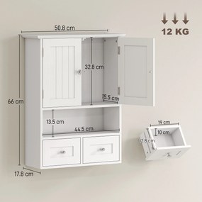 Kleankin Dulap de Perete pentru Baie cu 2 Uși, un Raft Deschis și 2 Sertare, Mobilier Multifuncțional, 50,8x17,8x66 cm, Alb | Aosom Romania