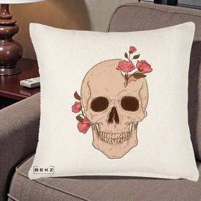 Perna Decorativa Craniu Floral Gothic, 40x40 cm, Crem Reliefat, Husa Detasabila, Perna Inclusa, BEKZ®