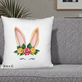Perna Decorativa Iepuras Flori Urechi Pastelui, 40x40 cm, Alb Pufos, Husa Detasabila, Perna Inclusa, BEKZ®