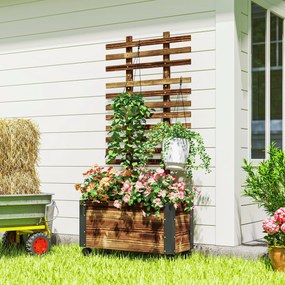 Outsunny Jardiniera cu Spalier pentru Plante Agatatoare si Roti, Jardiniera din Lemn de Brad cu Design Autodrenant, 65x31x147 cm, Maro Carbonizat