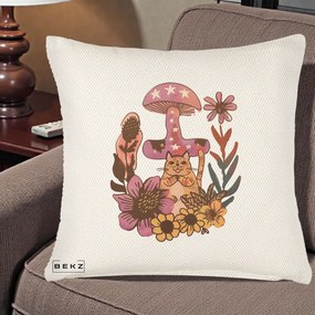 Perna Decorativa Ciuperca Pisica Boho, 40x40 cm, Crem Reliefat, Husa Detasabila, Perna Inclusa, BEKZ®