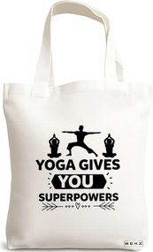 Sacosa de Panza pentru Cumparaturi, Geanta Tote Yoga gives you super powers, 38x34.5 cm, Alba, BEKZ®