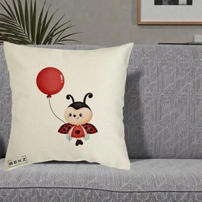 Perna Decorativa Buburuza cu Balon Rosu, 40x40 cm, Ecru, Husa Detasabila, Perna Inclusa, BEKZ®