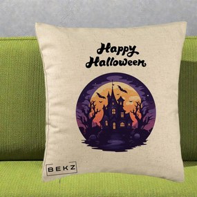 Perna Decorativa Happy Halloween Casa Bantuita Violet, 40x40 cm, Bej, Husa Detasabila, Perna Inclusa, BEKZ®