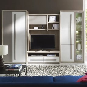 Set Living Romantic 300 cm cu dulap depozitare 90 cm, comoda TV 120 cm, vitrina 90 cm, dulap suspendat, alb lucios si gri mat