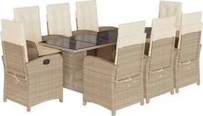 vidaXL Set de masă pentru grădină, 9 piese, cu perne, bej, poliratan