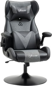 Vinsetto Fotoliu de gaming ergonomic cu bază rotundă înălțime reglabilă, brațe rabatabile, perne pentru cap și lombari PU gri și negru | Aosom Romania