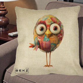 Perna Decorativa Pasare Patchwork cu Gene Lungi, 40x40 cm, Crem, Husa Detasabila, Perna Inclusa, BEKZ®