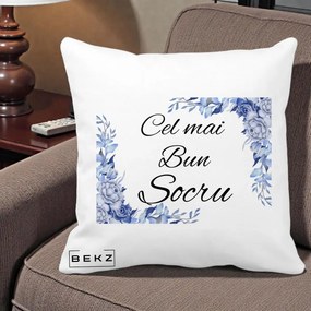 Cadou pentru Socru - Perna Personalizata Cel mai Bun Socru cu Flori Albastre Acuarela, 40x40 cm, Alba Mata, Husa Detasabila, Perna Inclusa, BEKZ®