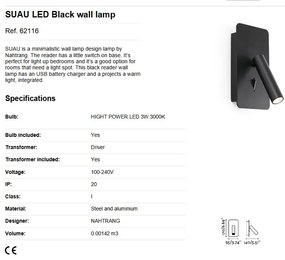 Aplica cu reader LED minimalista cu USB charger SUAU Black