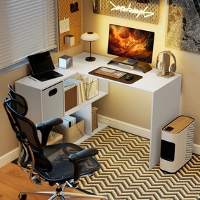 HOMCOM Birou Colțar pentru Computer, 110x100 cm, Birou în Formă de L cu Raft și Sertar din Material Textil, Masă pentru PC pentru Dormitor, Birou și Studio, Alb | Aosom Romania