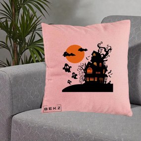 Perna Decorativa Halloween Casa Bantuita cu Fantome, 40x40 cm, Roz, Husa Detasabila, Perna Inclusa, BEKZ®