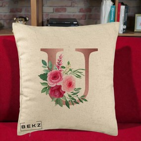 Cadou Personalizat - Perna Personalizata Monograma Rose Gold Litera U, 40x40 cm, Bej, Husa Detasabila, Perna Inclusa, BEKZ®