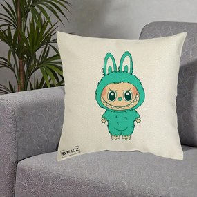 Perna Personalizata Labubu Turcoaz, 40x40 cm, Ecru, Husa Detasabila, Perna Inclusa, BEKZ®