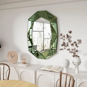 OGG35 - Oglinda ornamentala 3D 72 x 100 cm, pentru perete, dormitor, living - Verde / Argintiu / Auriu