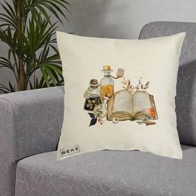 Perna Decorativa Grimoire Vrajitoare si Filtre Magice Halloween, 40x40 cm, Ecru, Husa Detasabila, Perna Inclusa, BEKZ®