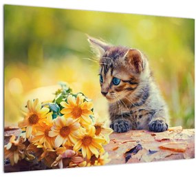Tablou cu pisicuța uitându-se la floare (70x50 cm), în 40 de alte dimensiuni noi
