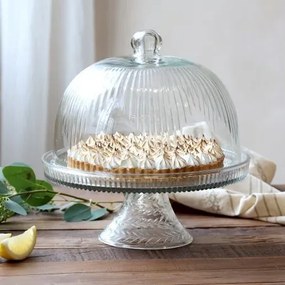 Cupolă decorativă pe picior cu elemente decorative, stil vintage, transparent, din sticlă, „Cloche”