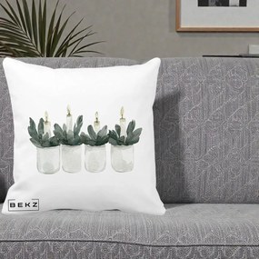 Perna Decorativa Lumanari in Borcane cu Eucalipt, 40x40 cm, Alba Mata, Husa Detasabila, Perna Inclusa, BEKZ®