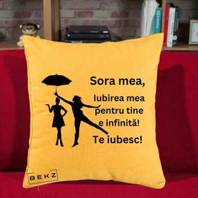 Cadou pentru Sora - Perna Personalizata Sora Mea Te Iubesc Siluete Negre cu Umbrela, 40x40 cm, Galben, Husa Detasabila, Perna Inclusa, BEKZ®