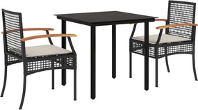 vidaXL Set mobilier de grădină cu perne, 3 piese, negru, poliratan