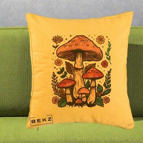 Perna Decorativa Ciuperci Vintage Floral, 40x40 cm, Galben, Husa Detasabila, Perna Inclusa, BEKZ®