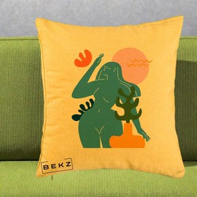 Perna Decorativa Femeie Albastra Cactus, 40x40 cm, Galben, Husa Detasabila, Perna Inclusa, BEKZ®