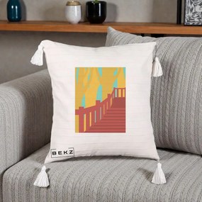 Perna Decorativa Scari Toamna Peisaj Grafic, 40x40 cm, Bej cu Franjuri, Husa Detasabila, Perna Inclusa, BEKZ®