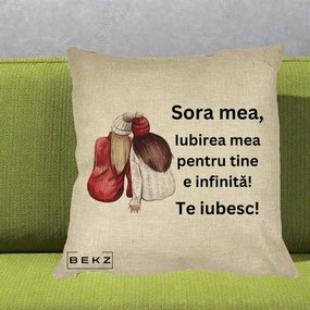 Cadou pentru Sora - Perna Personalizata Sora Mea Te Iubesc Doua Fete Iarna Acuarela, 40x40 cm, Crem, Husa Detasabila, Perna Inclusa, BEKZ®