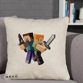 Perna Personalizata Minecraft Steve si Alex, 40x40 cm, Bej Canapea, Husa Detasabila, Perna Inclusa, BEKZ®