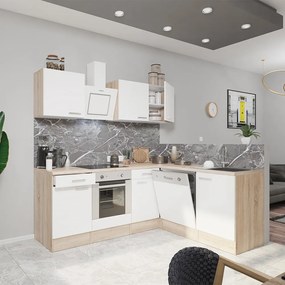 Mobilă de bucătărie de colț Yorki 220, corp din stejar Sonoma, față alb satinat cu element inferior al cuptorului