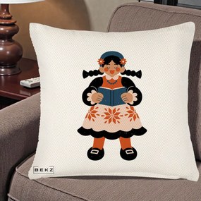 Perna Personalizata Fetita cu Carte Ilustratie Folk, 40x40 cm, Crem Reliefat, Husa Detasabila, Perna Inclusa, BEKZ®