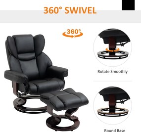 HOMCOM Fotoliu Relaxant si Puf, Reclinabil la 145° cu Scaun Rotativ din Piele Ecologica, Negru | Aosom Romania