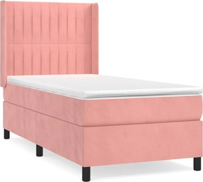 vidaXL Pat box spring cu saltea, roz, 90x190 cm, catifea