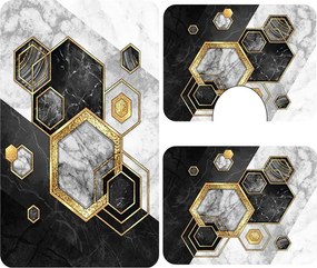Set covoare baie antiderapante, 3 piese, model geometric marmura cu accente aurii