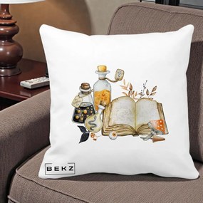 Perna Decorativa Grimoire Vrajitoare si Filtre Magice Halloween, 40x40 cm, Alba Mata, Husa Detasabila, Perna Inclusa, BEKZ®