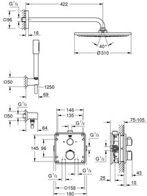 Sistem dus incastrat cu termostat Grohe Grohtherm Cosmopolitan 310, baterie patrata