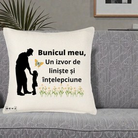 Cadou pentru Bunic - Perna Personalizata Bunicul Meu Izvor de Liniste cu Fluture si Fetita, 40x40 cm, Crem Reliefat, Husa Detasabila, Perna Inclusa, BEKZ®