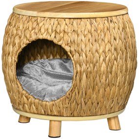 Peșteră pentru pisici Pawhut din Iarbă de Apă, Pernă lavabilă, 44 cm x 43 cm x 42 cm Maro deschis + Lemn natural + Gri | Aosom Romania