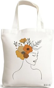 Sacosa de Panza pentru Cumparaturi, Geanta Tote, Flower Lady 16, 38x34.5 cm, Alba, BEKZ®