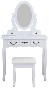 Set Otilia, Masă de toaletă pentru machiaj cu scaun, oglindă și 5 sertare, Alb,