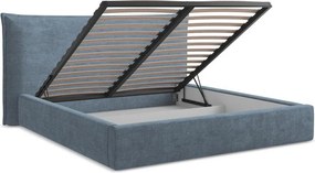 Pat matrimonial albastru tapițat cu spațiu de depozitare cu somieră 180x200 cm Esala – Makamii