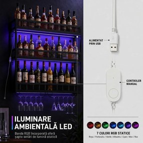 HOMCOM Suport de perete pentru vin cu LED, stil industrial, metal negru | Aosom Romania