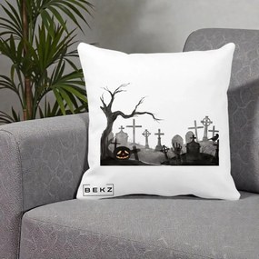 Perna Decorativa Halloween Cimitir Acuarela cu Dovleac, 40x40 cm, Alba Mata, Husa Detasabila, Perna Inclusa, BEKZ®
