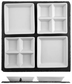 Set suport servire ardesia cu 4 platouri de servire portelan, 30x30 cm