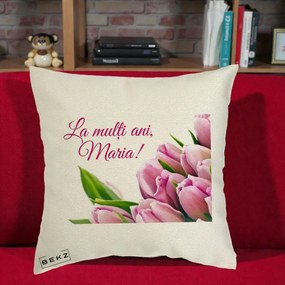 Cadou de Onomastica - Perna Personalizata La Multi Ani Maria Lalele, 40x40 cm, Ecru, Husa Detasabila, Perna Inclusa, BEKZ®