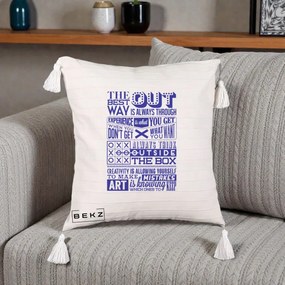 Perna Decorativa Citate Creativitate Albastru, 40x40 cm, Bej cu Franjuri, Husa Detasabila, Perna Inclusa, BEKZ®